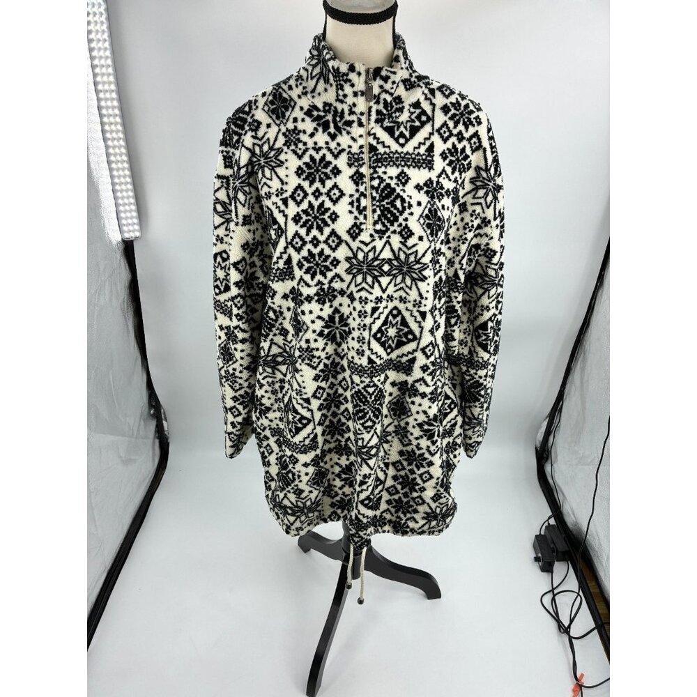Liz Claiborne Womens L Black & White Fleece 1/4 Zip Pullover Snowflake Print
